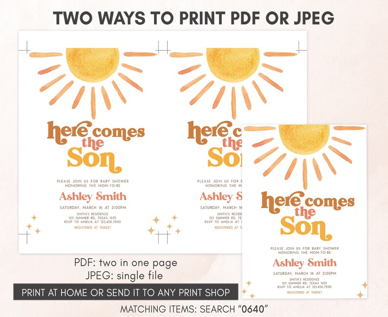 Editable Sunshine Baby Shower Invitation, Here Comes the Son Baby Shower Invite, Retro Sun Baby Shower Invite, Boy Boho Sunshine Invite 0640 image 3