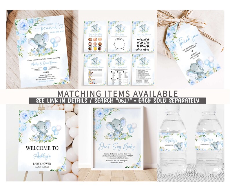 Puede incluir: Una invitaci&oacute;n de baby shower azul y blanca con una linda ilustraci&oacute;n de elefante. La invitaci&oacute;n dice "Un peque&ntilde;o peanut est&aacute; en camino" e incluye el nombre del beb&eacute;, la fecha, la hora y la ubicaci&oacute;n. Hay art&iacute;culos a juego disponibles.