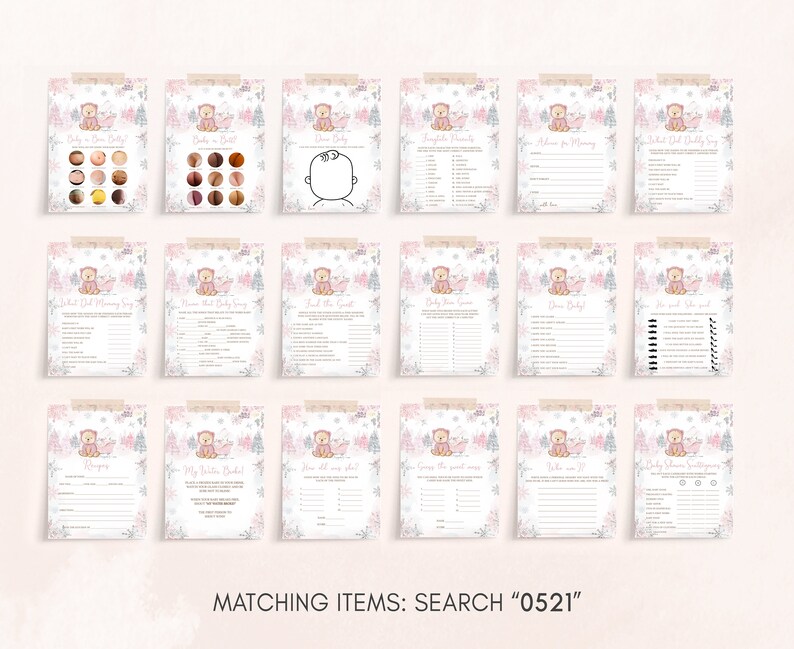 Lot modifiable de jeux baby shower d'ours d'hiver rose, pack de jeux de baby shower d'hiver fille ours, jeu de bébé flocon de neige rose, bébé il fait froid dehors, 0521 image 3