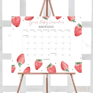 Bearbeitbarer Erdbeer-Babyparty-Fälligkeitsdatumskalender, Beere süßer Babypartykalender, rote Erdbeermädchen-Sommer-Geburtstagsvorhersagen 0390