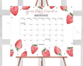 Calendario editable de fecha de vencimiento de baby shower de fresa, calendario de baby shower de baya dulce, predicciones de cumpleaños de verano de niña de fresa roja 0390
