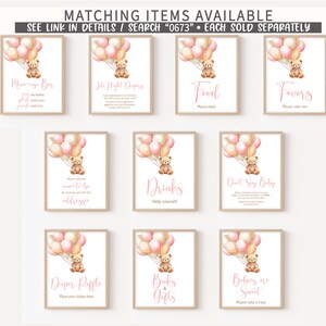 May include: Ten printable signs for a baby shower with a pink and beige color scheme. Each sign features a teddy bear holding pink and beige balloons and text in pink. The signs include: "Mommy-to-be", "Late Night Dompers", "Food", "Favors", "Please help the mommy-to-be by making out the address", "Drinks", "Don't Say Baby", "Diaper Raffle", "Books & Gifts", and "Babies are Sweet".