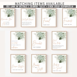 May include: Set of ten printable signs with a green and white floral design. The signs include titles such as "Mimosas Bar", "Late Night Snacks", "Drinks", "Food", "Favors", "Don't Say Baby", "Diaper Raffle", "Books and Gifts", and "Babies are Sweet".