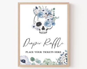 Diaper Raffle Sign Gothic Halloween Baby Shower, Blue Floral Skull Baby Shower Diaper Game Sign, A Little Boo Skull Boy Shower Signs, 0941