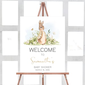 Bearbeitbares Peter Rabbit Babyparty Willkommensschild, Kaninchen Geschlechtsneutrales Babyparty Willkommensplakat, Eine kleine Häschen-rustikale Babyparty, 0671
