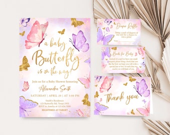 Editable Pink Butterfly Girl Baby Shower Invitation Bundle, Purple Butterflies Baby Shower Invite Set, Gold Boho Butterfly Baby Shower, 0683