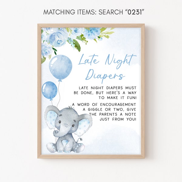 Late Night Diapers Sign Elephant Baby Shower Blue Balloon Baby Shower Diaper Thoughts Sign Baby Boy Elephant Safari Printable Template 0231