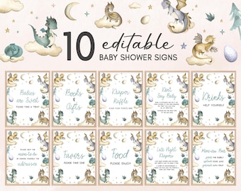May include: Ten editable baby shower signs featuring a whimsical dragon theme. The signs are decorated with watercolor illustrations of dragons, clouds, stars, and eggs. The signs include text such as "Babies are Sweet", "Books & Gifts", "Diaper Raffle", "Don't Say Baby", "Drinks", "Please Help the Mom-to-be", "Favors", "Food", "Late Night Snacks", and "Mom-osa Bar".