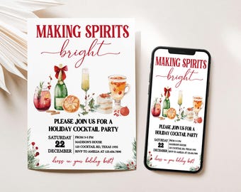 Editable Christmas Cocktail Party Invitation, Making Spirits Bright Christmas Invite, Holiday Cocktail Party Invite, Classy Drink Party 42SE
