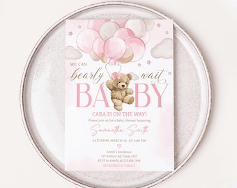 Editable Pink Girl Bear Balloon Baby Shower Invitation, We Can Bearly Wait Girl Baby Shower Invite, Boho Bear Baby Shower Invitation, 0599
