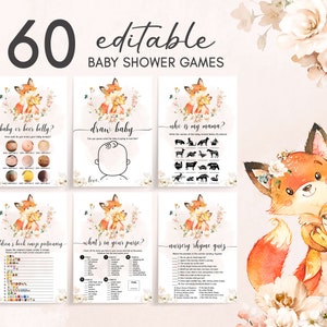 Lot modifiable de jeux baby shower renard floral, pack de jeux baby shower renard fille, jeux renard des bois, jeux de bébé animaux de la forêt modèle 0357
