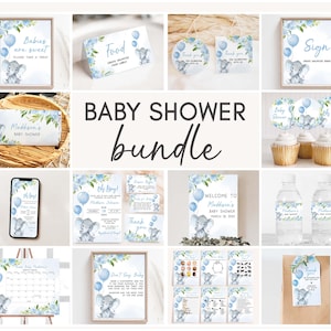 Redigerbart elefant-babyshowerpaket, blått ballong-babyshowerpaket, mall för babyshower med blommig elefant-safari och babyshower, 0231