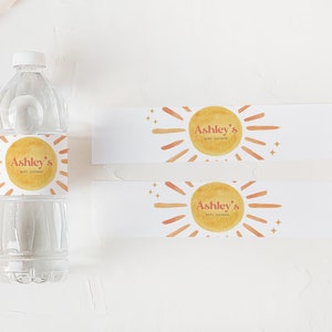 Editable Sunshine Baby Shower Bottle Label, Here Comes the Son Baby Shower Water Label, Retro Sun Bottle Stickers, Boy Boho Sunshine, 0640 image 3