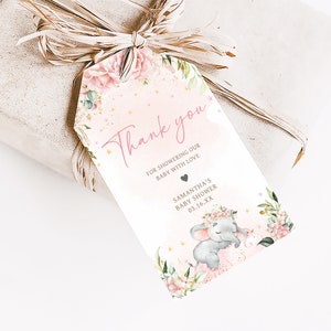 Bewerkbare Bedankkaartjes roze olifant babyshower, roze bloemen olifant babyshower cadeaukaartje, roze bloemen babyshower bedankkaartjes, 0635 afbeelding 3