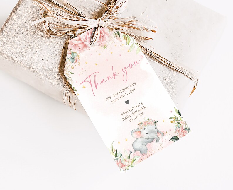 Bewerkbare Bedankkaartjes roze olifant babyshower, roze bloemen olifant babyshower cadeaukaartje, roze bloemen babyshower bedankkaartjes, 0635 afbeelding 3