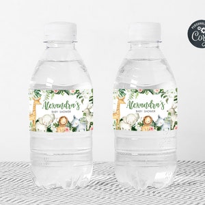 Bewerkbaar groen safarifleslabel babyshower, bloemen jungle babyshower waterlabel, sticker safaridieren wild één waterfles, 0291 afbeelding 3
