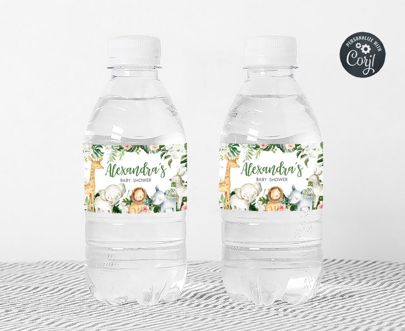 Bewerkbaar groen safarifleslabel babyshower, bloemen jungle babyshower waterlabel, sticker safaridieren wild één waterfles, 0291 afbeelding 3