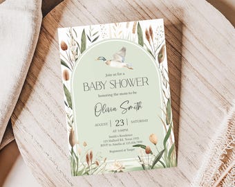 Faire-part de baby shower modifiable de canard colvert, ensemble d'invitation de baby shower de chasse au canard, baby shower de colvert, invitation de baby shower de canard de garçon, 01112