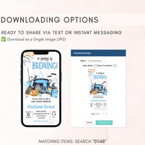 The image is a screenshot of a mobile device displaying a Halloween-themed invitation for a baby shower. The invitation features a pumpkin and a witch's broom, and includes text and a button for sharing the invitation via text or instant messaging.
