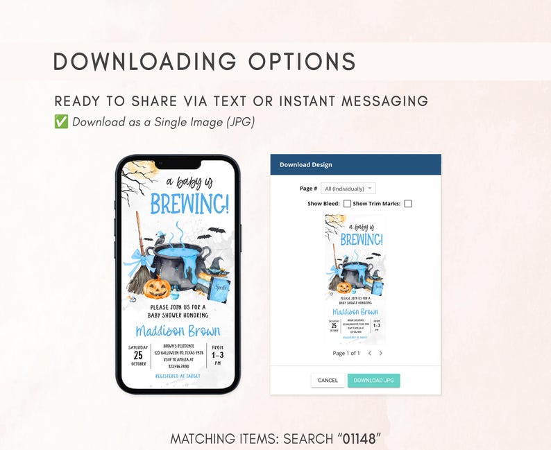 The image is a screenshot of a mobile device displaying a Halloween-themed invitation for a baby shower. The invitation features a pumpkin and a witch's broom, and includes text and a button for sharing the invitation via text or instant messaging.
