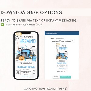The image is a screenshot of a mobile device displaying a Halloween-themed invitation for a baby shower. The invitation features a pumpkin and a witch's broom, and includes text and a button for sharing the invitation via text or instant messaging.
