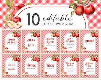 Bearbeitbares Apfel meines Auges Babyparty-Tischschild, Apfel meines Auges-Fall-Babyparty-Bundle-Zeichen, Gingham-Apfel-Dusche-Late-Night-Windel 01115