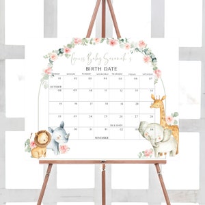 Editable Girl Safari Baby Shower Due Date Calendar, Pink Floral Safari Jungle Baby Shower Calendar Girl Safari Animals Baby Shower Game 0307 image 1