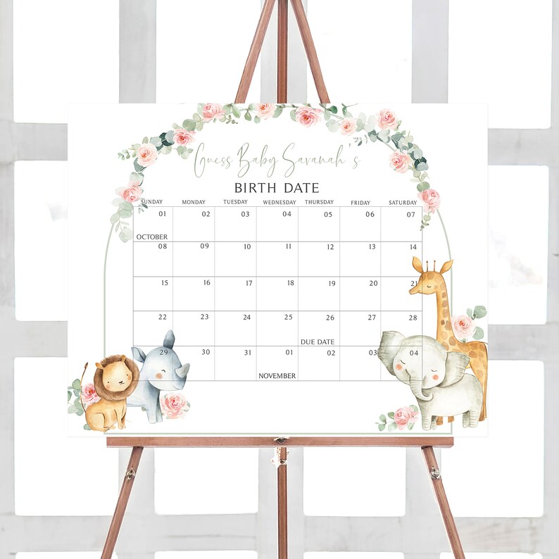Editable Girl Safari Baby Shower Due Date Calendar, Pink Floral Safari Jungle Baby Shower Calendar Girl Safari Animals Baby Shower Game 0307 image 1