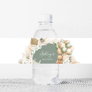 Étiquette modifiable de biberon pour baby shower ours neutre en termes de genre, étiquettes d'eau pour baby shower ours bohème, autocollants pour bouteille ballons vert sauge, 0693