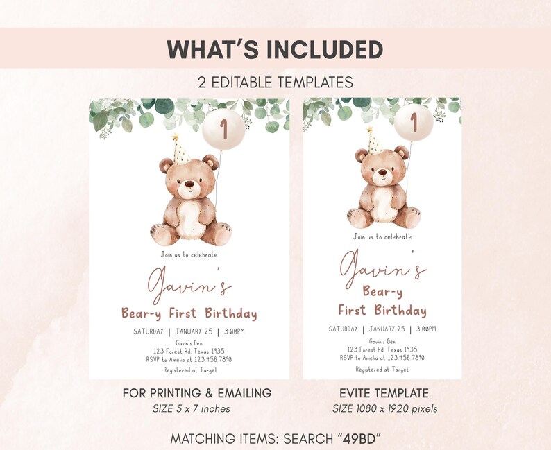 Greenery Bear Invitation Set