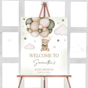 Bearbeitbares geschlechtsneutrales Bärn-Ballon-Babyparty-Willkommensschild, Wir können Bären-Babyparty-Willkommensplakat warten, Boho Bär-Babyparty, 0603