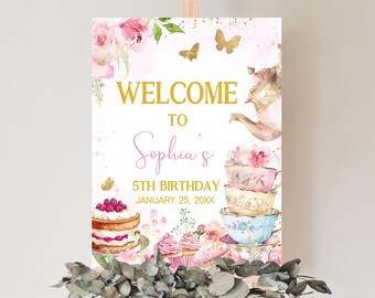 Editable Tea Party Birthday Welcome Sign, Floral Tea Party Welcome Poster, Let's Par-tea Birthday Sign, Pink Gold Whimsical Tea Party, 41BD