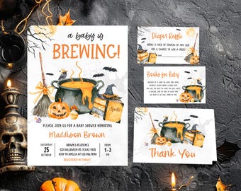 Paquete de invitaciones editables para baby shower de Halloween "Un bebé está en ciernes", invitación de bruja espeluznante, baby shower de Halloween de género neutro, 01148