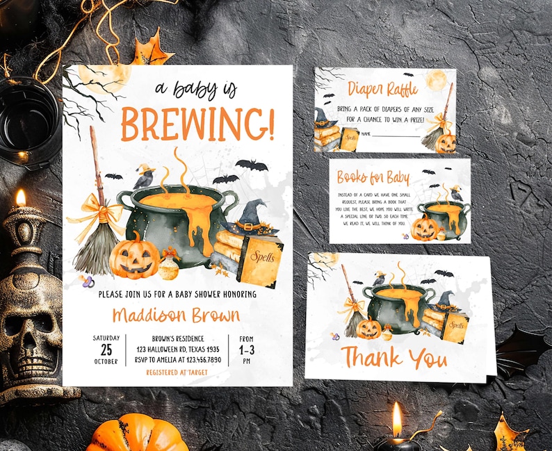 A Halloween-themed baby shower invitation featuring a pot of bubbling soup, pumpkins, bats, and a broomstick, along with a list of details for the baby shower.