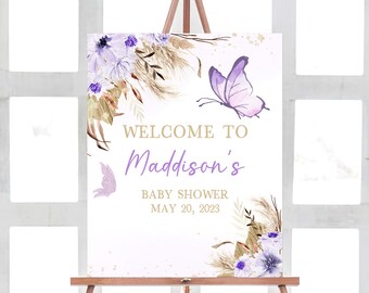 Editable Boho Butterfly Baby Shower Welcome Sign, Purple Butterfly Shower Welcome Poster, Bohemian Baby Butterflies Printable Template 0232