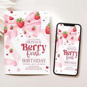 Bearbeitbare Beere erste Geburtstagseinladung, Erdbeer-Geburtstagsfeier einladen, rosa Schleife Beere 1. Geburtstag einladen, Kokette Beere einladen, 80BD