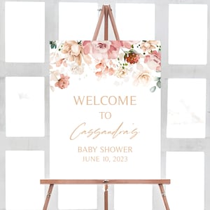 Bearbeitbares Baby in Bloom Babyparty Willkommensschild, Rosa Blumen Babyparty Willkommensplakat, Wildblumen Babypartyschild, Blumen Vorlage 0389