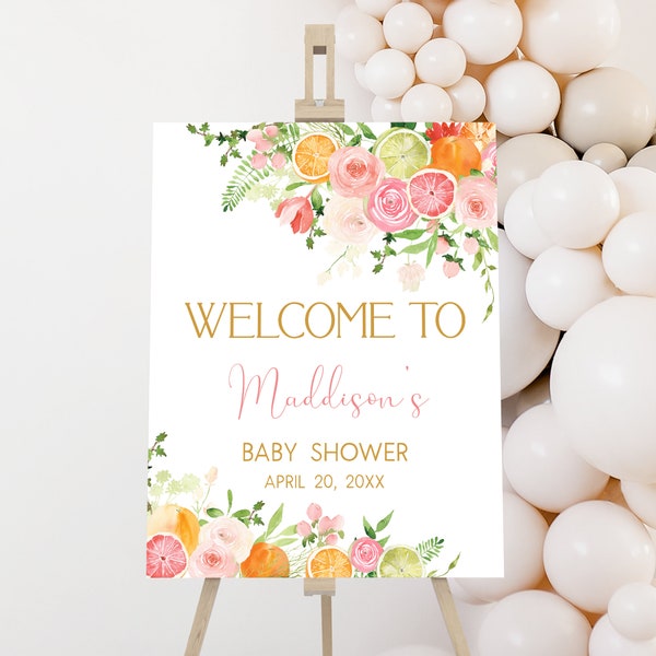 Bewerkbare citrus babybrunch babyshower welkomstbord, roze bloemen oranje citrus babyshower welkomstposter, meisje citroen babyshower bord 0721