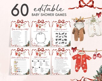 Puede incluir: Una colección de 60 juegos de baby shower editables. La imagen presenta varias tarjetas de juego con detalles festivos en rojo y verde, junto con ropa de bebé colgada en un tendedero. El texto incluye títulos e instrucciones de los juegos.