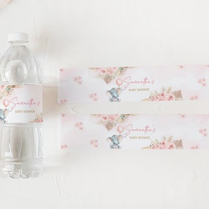 Editable Boho Elephant Baby Shower Bottle Label, Girl Pink Elephant Baby Shower Water Labels, Pink Floral Pampas Grass Bottle Stickers, 0619 image 3