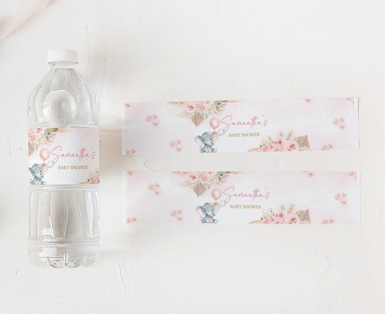 Editable Boho Elephant Baby Shower Bottle Label, Girl Pink Elephant Baby Shower Water Labels, Pink Floral Pampas Grass Bottle Stickers, 0619 image 3