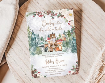 Editable Winter Woodland Baby Shower Invitation, Baby It's Cold Outside Baby Shower Invite, Pine Trees Winter Baby Shower Invitation, 0535