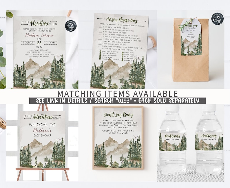 May include: A set of printable baby shower decorations with a woodland theme. The decorations include a welcome sign, a game card, a favour bag, and water bottle labels. The design features a watercolour background with mountains, trees, and a light brown colour scheme.
