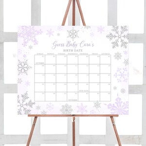 Editable Purple A Little Snowflake Baby Shower Due Date Calendar, Purple Snowflake Baby Shower Calendar, Girl Winter Baby Shower Game, 0540 image 1