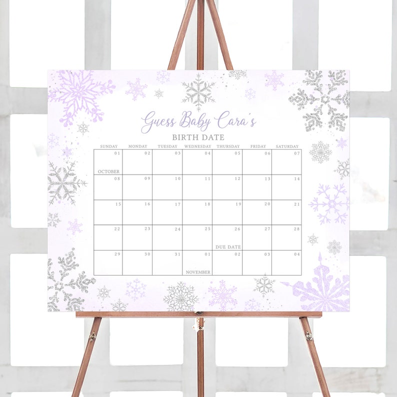 Editable Purple A Little Snowflake Baby Shower Due Date Calendar, Purple Snowflake Baby Shower Calendar, Girl Winter Baby Shower Game, 0540 image 1
