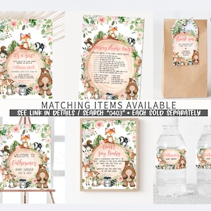 May include: A set of printable baby shower decorations featuring a woodland theme with a pink and green color scheme. The designs include a welcome sign, a game card, a thank you tag, and water bottle labels. The illustrations feature a fox, a bear, a deer, and other woodland animals.