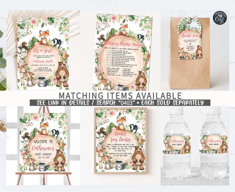 May include: A set of printable baby shower decorations featuring a woodland theme with a pink and green color scheme. The designs include a welcome sign, a game card, a thank you tag, and water bottle labels. The illustrations feature a fox, a bear, a deer, and other woodland animals.