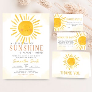 Editable Sunshine Baby Shower Invitation Bundle, Boho Sun Baby Shower Invite Set, A Little Ray of Sunshine Gender Neutral Baby Shower, 0251