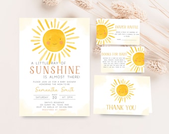 Editable Sunshine Baby Shower Invitation Bundle, Boho Sun Baby Shower Invite Set, A Little Ray of Sunshine Gender Neutral Baby Shower, 0251