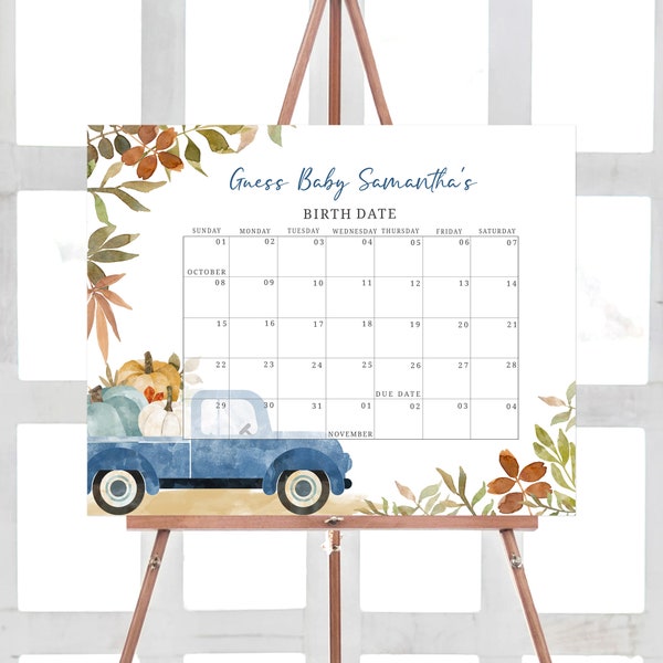 Editable Blue Pumpkin Pickup Truck Baby Shower Due Date Calendar, Fall Baby Shower Calendar, Boy Autumn Birthday Prediction Template 0435